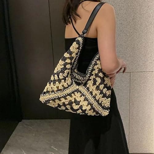 Skyearman Ladies Straw Shoulder Bag For Women Summer Beach Bag Large Fashion Shoulder Bag Straw Bag Hand-woven Handbags for Work Beach Trip Vacation (Blue) — view 2