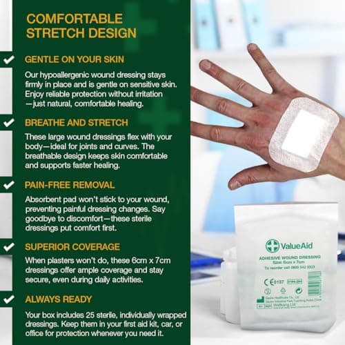 Value Aid Wound Dressings Adhesive - Breathable Non-Woven Sterile Dressing Pads - Comfortable Stretch-and-Conform Design - Pack of 25, Individually Wrapped (6cm x 7cm) — view 3