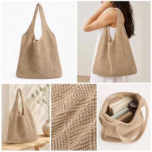 Parspetil Brown Crochet Tote Bag,Mesh Beach Bag for Women,Knit Boho Shoulder Bag Summer Vacation Casual Handbag for Beach Travel and Shopping — view 6