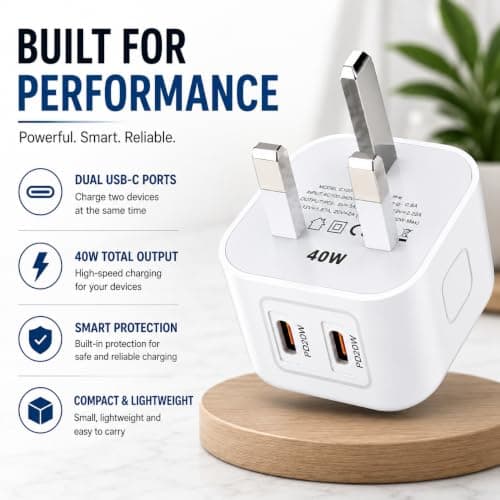 40W USB C Charger Plug, Dual USB C Fast Charger, 2 Port USB C Wall Charger, UK 3 Pin Power Adapter, USB C PD Charger for Phones, Tablets & Other USB C Devices — view 4