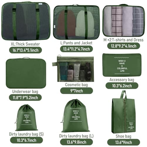 10PCS Packing Cubes for Suitcases, Travel Organiser Packing Bags for Clothes Shoes Toiletries Travel Luggage Organizers Storage Bags (Green) — view 2
