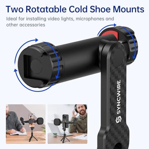 SYNCWIRE Tripod Phone Mount, Universal Smartphone Mount Adapter with 2 Cold Shoe and 1/4" Screw, 360° Rotates and 180° Tilts Adjustable Cell Phone Clamp Holder for Enhancing Mobile Photography Setup — view 2