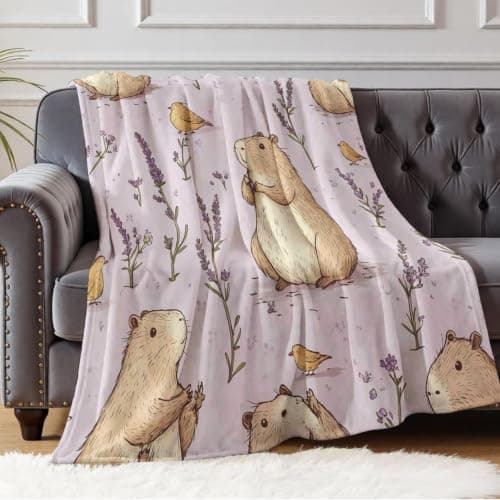 Fleece Flannel Throw Blanket for Bed Sofa Travel Soft Microfiber Blanket for Adults Kids Lightweight Capybara and lavender flowers 70 x 100 cm