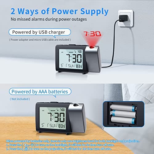 Projection Alarm Clock for Bedroom with 180° Projector, Large LCD Display — view 5