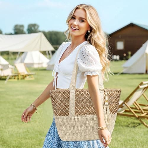 YAMEIZE Straw Woven Beach Shoulder Bags for Women Big Foldable Straw Tote bag Lightweight Raffia Bag with Zipper Summer Vacation — view 3