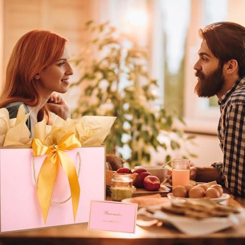 Pink Gold Gift Bags with Handles, 3pcs Medium Paper Present Bags with Bow Ribbon Tissue Papers and Greeting Cards, 28 * 20 * 10cm Gift Bag for Christmas Birthday Wedding Valentines Bridesmaid — view 5
