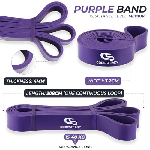 Coresteady Pull Up Bands & Resistance Bands - Rubber Heavy Duty Elastic Loop Band for Men & Women - Build Fit Power & Muscle - Training, Fitness Assist Pull Ups & Gym Exercise - Purple, 15-40kg — view 2