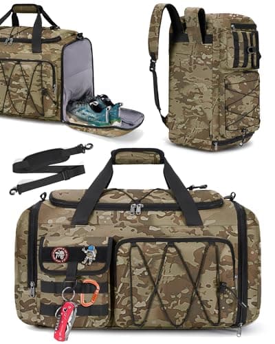 RAINSMORE Sports Gym Bag for Men Women, 45L Large Duffel Bag with Shoe Compartment and Wet Pocket, Water Resistant, 3-in-1 Travel Holdall Weekender Khaki Camo