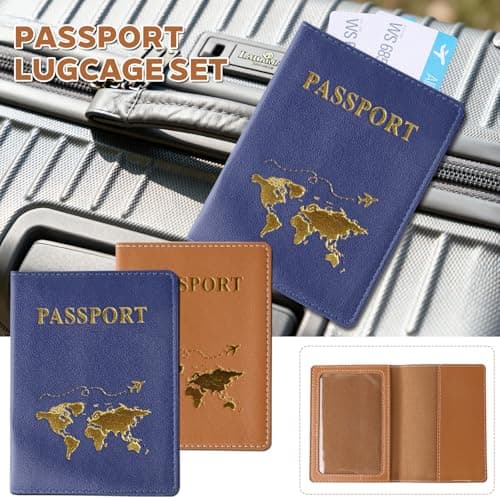 ZDNT 4 Pcs Passport Cover and Luggage Tag,Passport Holder,Passport Cover Luggage Tag Set,PU Leather Passport Holder Travel Wallet Case Organiser for Passport Credit Card Business (Brown, Blue) — view 4