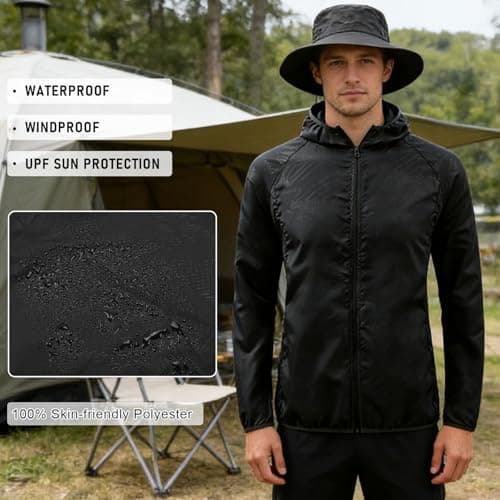 ADUDVLO Men's Lightweight Waterproof Jacket with Pockets, Packable Hooded Windproof Rain Jacket for Travel, Running & Hiking – Includes Carry Pouch (UK, Alpha, M, Regular, Regular, Black) — view 4