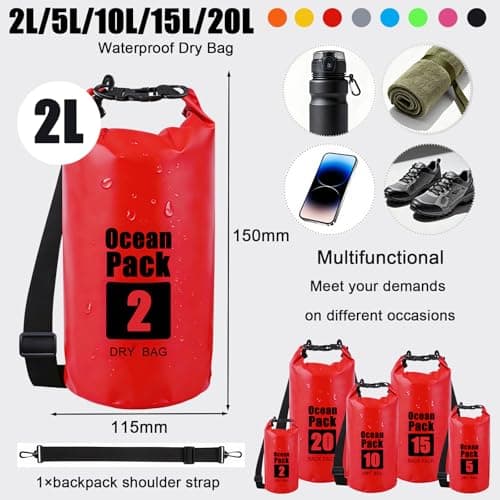 RONGZUBAT 2L Waterproof Dry Bag, Small Roll Top Dry Sack for Phone, Keys and Essentials, Lightweight Waterproof Bag for Kayaking, Paddle Boarding, Beach, Swimming, Camping and Travel - Red — view 2