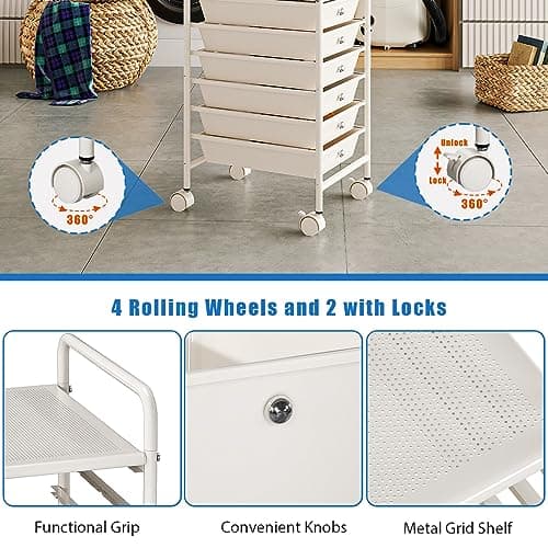 Johgee 6 Drawers Plastic Storage Cart, Multipurpose Mobile Organizer Shelving Unit with Lockable Wheels, Rolling Cart Storage Trolley for Home Office Stationery Makeup Beauty & Salon — view 4