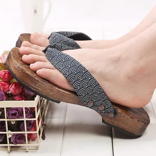 SIQITECHUK Men's Kimono Geta Sandals - Black/Dark Blue, Size 8.5 UK, Medium Width, Retro Pattern, Non-Slip, Breathable, Casual Sandals for Men - Walking, Beach, Shopping, Travel — view 2
