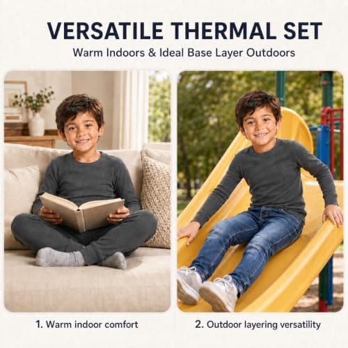 Kids Thermal Underwear Set, 2 Piece Winter Base Layer with Long Sleeve Crew Neck Top and Full Length Bottoms for Boys and Girls, School, Sports, Travel and Outdoor Activities (Charcoal, 5-6 Year) — view 4