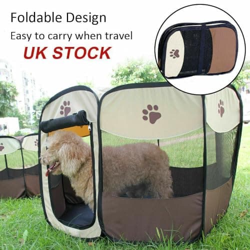GA COMMUNICATIONS Portable Pet Playpen, Foldable Dog Cat Cage Indoor Puppy Play Pen, Breathable Mesh Pet Carrier Kennel Soft Tent For Large Dogs Travel Puppies Playpens (Grey/Beige, 91 * 91 * 58 cm) — view 3