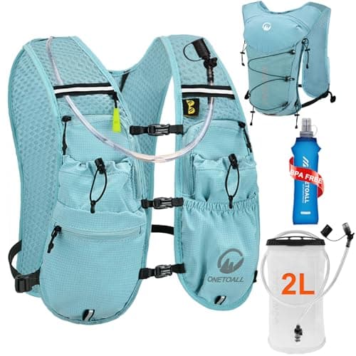 ONETOALL Running Vest Women with TPU Water Bottle 500ml & Water Bladder 2L, Lightweight Hydration Running Vests Mens, Reflective Running Backpack for Hiking Marathon Biking Sci, Blue