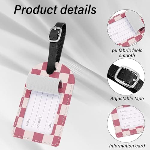 BHAHB 2 Pack Luggage Tag Luggage Tags PU Leather Suitcase Tags Aesthetic Cute Travel Bag Labels for Women Girls (P12-Pink Checkered) — view 3