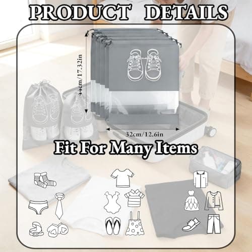 10Pcs Travel Shoe Bags, 44 x 32cm Dust Proof Shoe Storage Bags, Large Drawstring Non-Woven Shoes Storage Bags, Drawstring Shoe Bag for Daily and Travel Use (Grey) — view 2