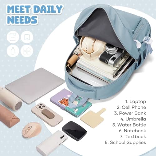 HYC00 School Bag for Teenager Girls Boys Secondary High Middle Bookbag School Backpack Womens Casual Daypack Lightweight 14 Inch Laptop Rucksack Backpack for Travel College Work Back Pack, Light Blue — view 4