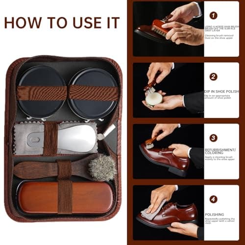 SULIVES Premium Shoe Cleaning Kit, 7 Piece Shoe Shine Kit with Horse Hair Brush, One Box of Black and White Shoe Polish Each, Two Cleaning Cloths, Metal Shoe Pull — view 3