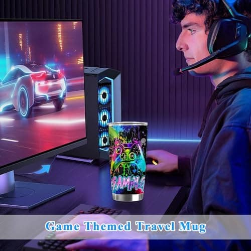 Insulated Gamer Cup, Boys Gamer Cups Tumbler Cup Kids, Gamer Travel Mug 20oz with Lid and Straw, Stainless Steel Gaming Travel Mugs for Hot Drinks, Ideas Gamer Gifts for Boys Teenage Home Picnic — view 4