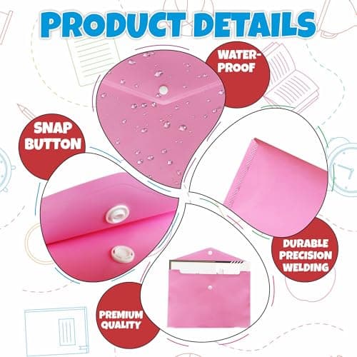 M1SS Pack of 10 Plastic Wallets A4 [33 x 23cm] Waterproof Plastic Folders for Documents Pink Popper Wallet A4 with Snap Button for Home, Office, School and Travel Stationary Paper Filing — view 3