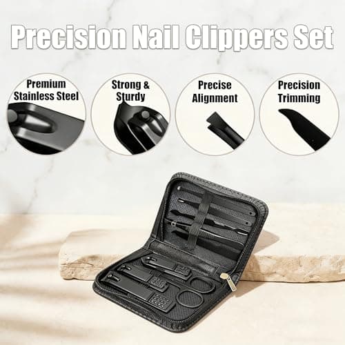 9 Pieces Nail Clippers Set for Men - Precision Stainless Steel Manicure Travel Set with Fingernail & Toenail Clippers, Nail File, Tweezers, Scissors, Cuticle Pusher — view 2