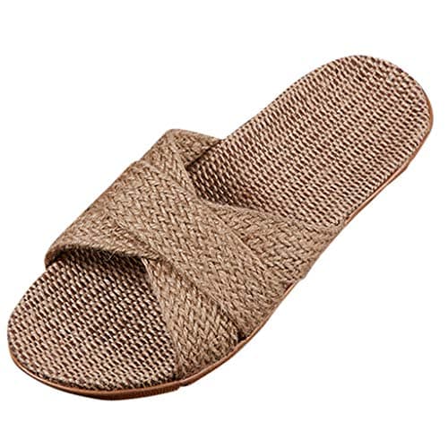 UK 5 Women's Men's Flax Tatami Slippers No Slip Indoor Slippers Open Toe Straw Slide Sandals Summer,Home Wooden Floor Grass Rattan Slipper for Travel, Hotel Sliders 001_Khaki