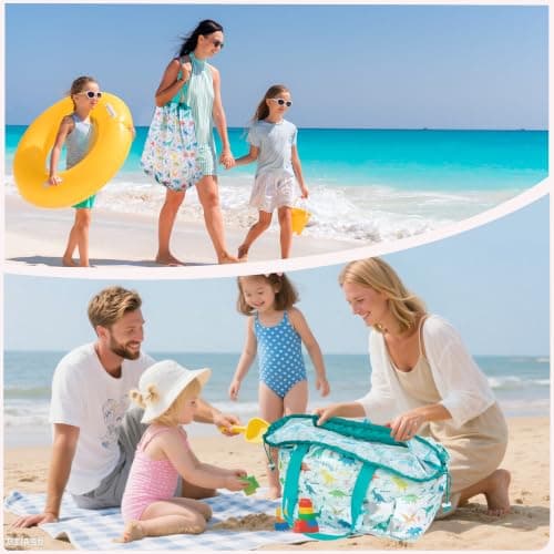 LAHAQIQI Extra Large Mesh Beach Toy Tote Bag with Drawstring- Foldable Lightweight Swimming Travel & Summer Essentials for Women Kids (Green Dino) — view 2