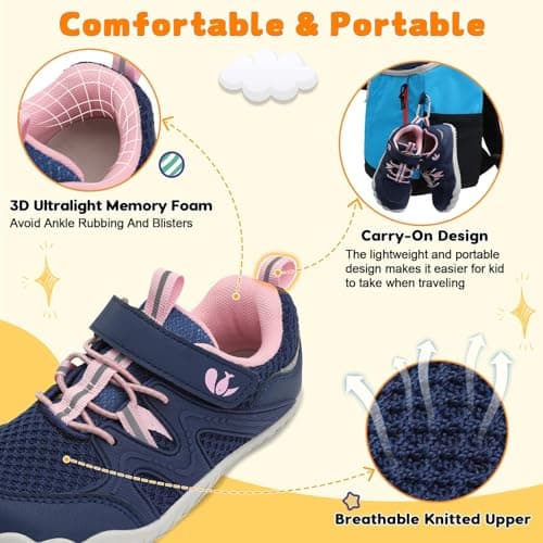 JOINFREE Girls Walking Shoes Boys School Shoe Kids Tennis Sneakers Lightweight Hiking Sneaker Navy Pink 12 UK Child — view 6