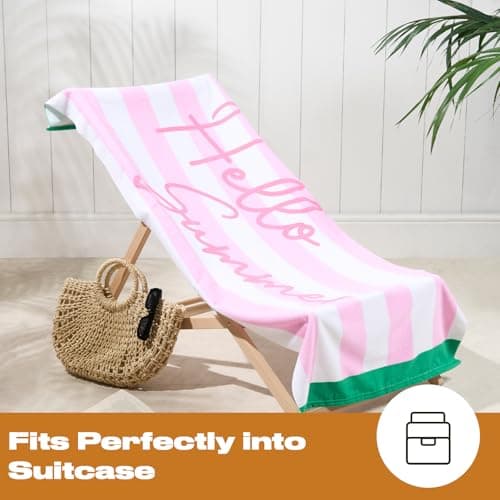 Dreamscene Beach Towel Striped Hello Summer, Soft Quick-Dry Lightweight Microfibre Large Beach Towel For Adult & Kids Swimming Towel For Holiday Essentials, Blush-71x152cm — view 5