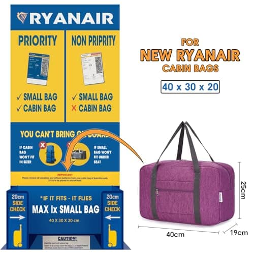 for Ryanair Cabin Bags 40x30x20 Underseat Foldable Travel Duffel Bag Holdall Tote Carry on Hand Luggage Overnight for Women and Men 20L (Dark Purple) — view 2
