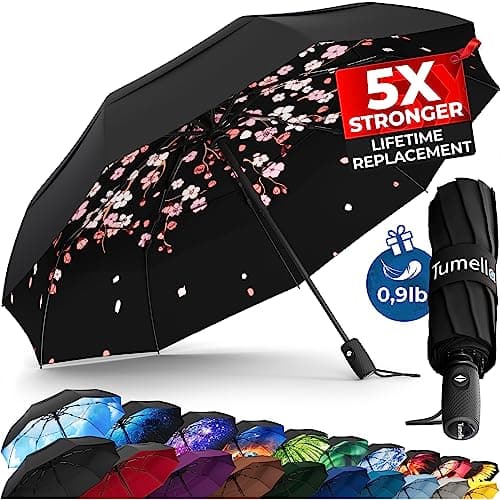 TUMELLA Strongest Windproof Travel Umbrella (Compact, Superior & Beautiful), Small Strong but Light Portable and Automatic Folding Rain Umbrella, Durable Premium Grip, Fits Car & Backpack Black Pink