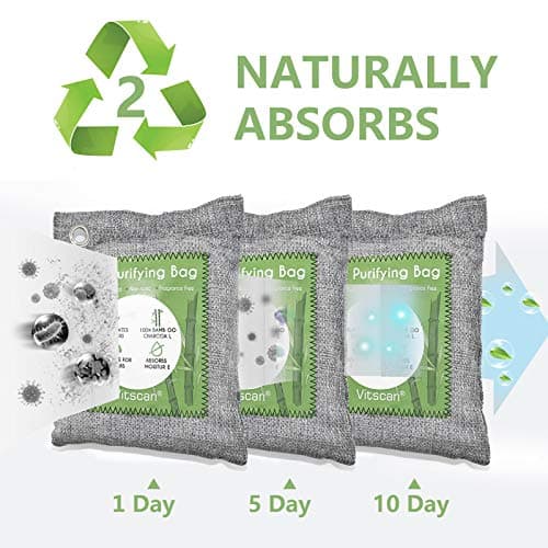 Vitscan 8 Pack Bamboo Charcoal Air Purifying Bag, Activated Charcoal Bags Odor Absorber, Moisture Absorber, Natural Car Air Freshener, Shoe Deodorizer, Odor Eliminators for Home, Pet, Closet (8x150g) — view 5