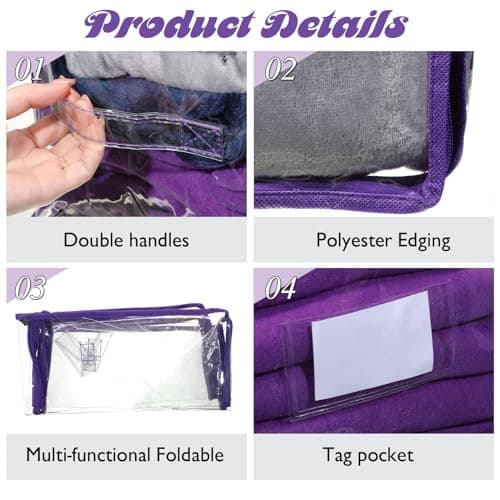 Abbylike 6 Pcs 12'' Zippered Clear Plastic Storage Bags with Label Pocket and Handles Plastic Storage Bins Clear Moving Bags Waterproof Organizers Tote Bins for Closet Sheet Clothes Packing(Purple) — view 5