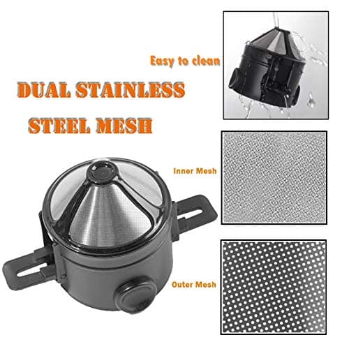 Pour Over Coffee Maker 1-2 Cup, Reusable Cone Coffee Dripper Filter, Stainless Steel Reusable Coffee Filters Coffee Maker with Cleaning Brush for Home Office Travel — view 5