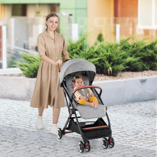 Foldable Baby Pushchair, Lightweight Toddler Travel Stroller for Airplane, Infant Pram with 5-Point Harness, Adjustable Backrest Footrest Canopy, Storage Basket (Grey) — view 2