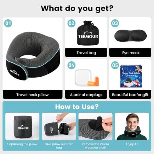 Teemour Neck Pillow Airplane Memory Foam Travel Pillow With Support Includes Storage Bag, Eye Mask, Earplugs, Adjustable Travel Pillow for Long Flights, Train, Car & Business Trips (Black) — view 5