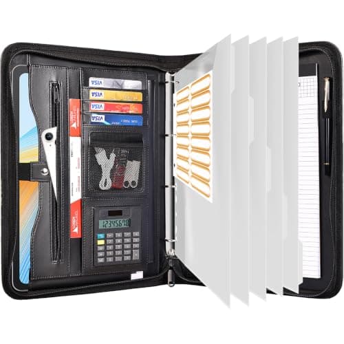 Leathario Portfolio Folder A4, Vegan Leather Conference Folder, 4-Ring Travel Document Holder with 5 5-Part File Dividers, Multi-Pocket Document Folder Organiser, Office Supplies
