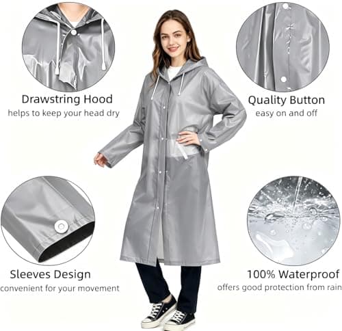 Rain Poncho for Adults, 2 Pieces Reusable Waterproof with Hoods and Sleeves — view 3