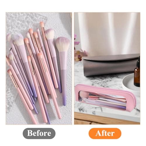 Small Clear Makeup Bag, PU Leather Travel Makeup Brush Bag Portable Transparent Waterproof Cosmetic Organizer Pouch with Zipper for Women Home Travel Office Cosmetic Storage (Pink) — view 5