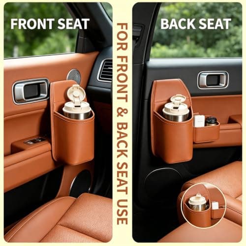 PU Leather Car Door Cup Holder, Wide-Mouth Organizer for Drinks and Phone (2pcs Brown) — view 3