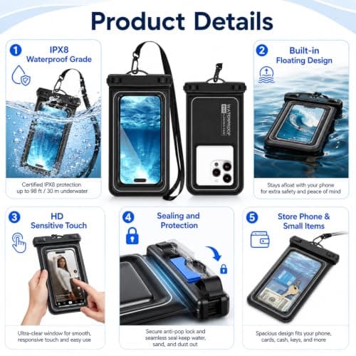 Lafefe Waterproof Phone Pouch IPX8 Floating Waterproof Phone Case for 7.5 Inch Phones with HD Touch Screen & Adjustable Lanyard for Swimming Beach Diving Kayaking - Black & Grey — view 3