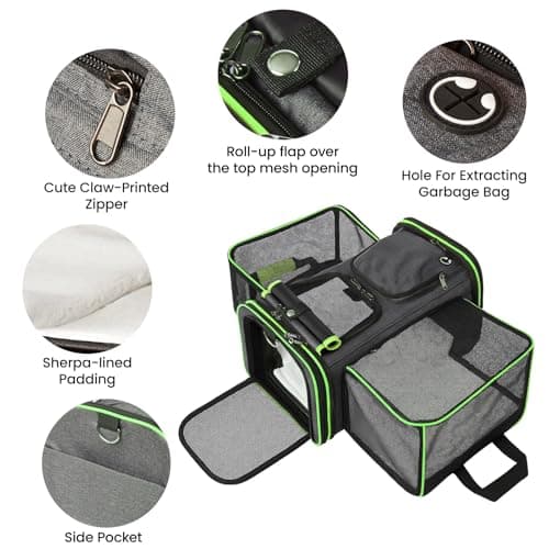 Soft Sided Portable Cat Carrier with Extendable Space & Fleece Bed Foldable Pet Carrier for Cats/Small Dog/Bunnies With Adjustable Shoulder Strap & Removable Mat (Green) — view 4