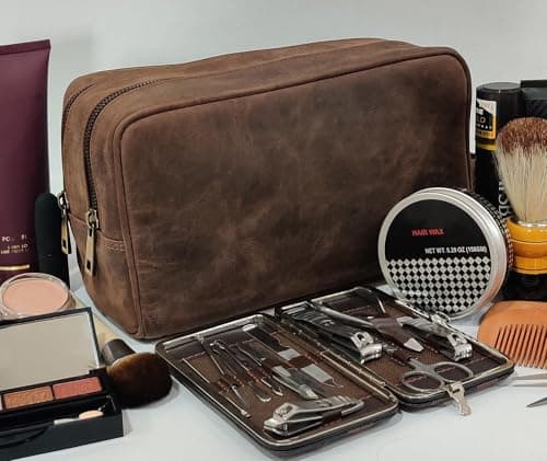 Rustic Town Leather Toiletry Bag - Spacious Dual Compartment Dopp Kit Organizer for Easy Packing - Premium Full Grain Leather Shaving & Bathroom Travel Case - Ideal Gift for Men & Women, Dark Brown — view 6