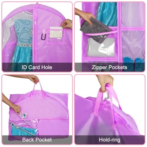 OSDUE Clothes Covers, 40 inch WaterproofHanging Garment Bags with 5 Zipper Pocket and ID Slot Pockets Foldable Kids Dance Costume Garment Bag Travel Storage Bag for Dancers Travel Competitions(Purple) — view 4