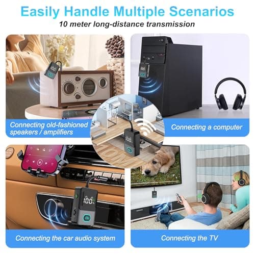 Bluetooth 5.3 Transmitter Receiver, 2-in-1 Airplane Wireless Bluetooth with LED Display, Compatible with 2 AirPods or Wireless Headphones, 3.5mm Aux Audio Jack, for Flight/TV/PC/Car/Speaker/Gym — view 6