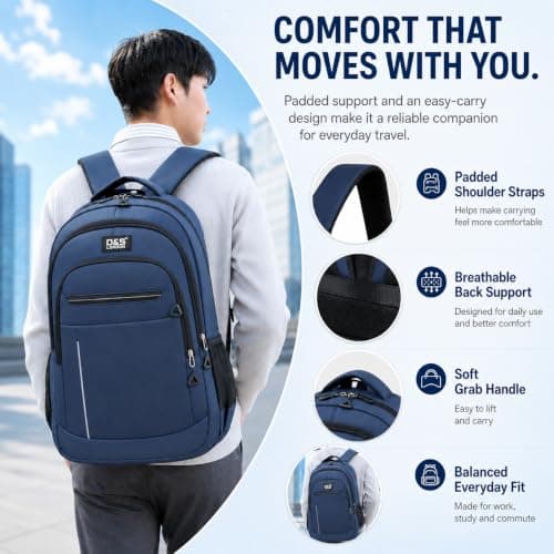 D&S London Laptop Backpack for Men & Women - Waterproof Travel Rucksack for Work, School & Business - 15.6-17 inch Laptop Bag, Large 30L Capacity, Anti-Theft Flight Approved Cabin Bag (Blue) — view 3