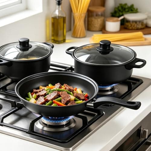 13-Piece Induction Cookware Set, Black Nonstick Pots and Pans Set with Lids & Spatulas, Cooking Set for All Hobs – Ideal for Home Kitchen & Camping, PFOS & PFOA Free — view 5