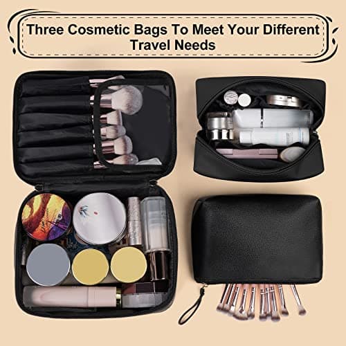 MAANGE 3 Pcs Makeup Bag(L+M+S) Travel Cosmetic Bags with Brush Compartment PU Leather Small Makeup Bag Portable Make Up Bag Versatile Zipper Makeup Pouch for Women, Black — view 6